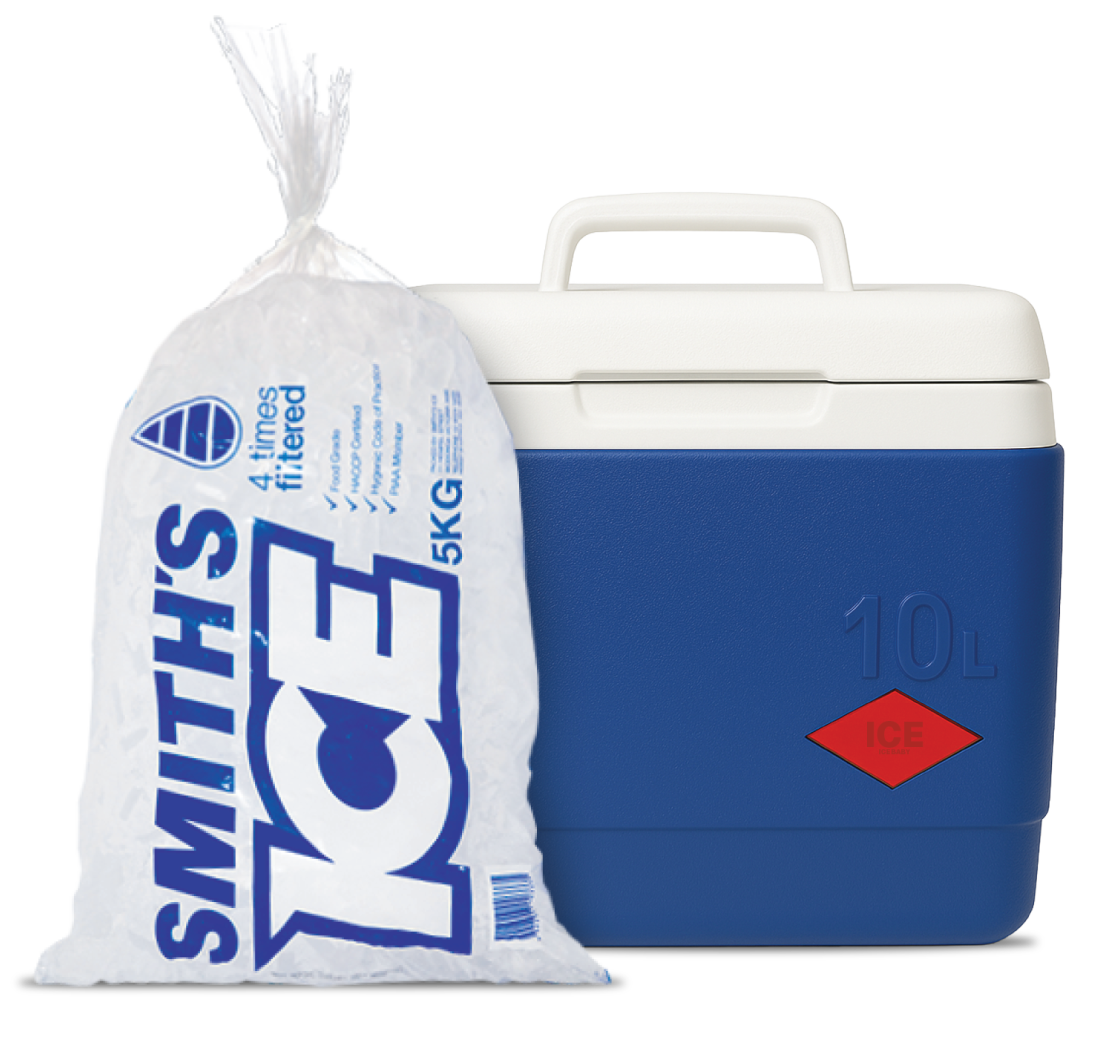 Smith's Ice 5kg bag beside a cooler